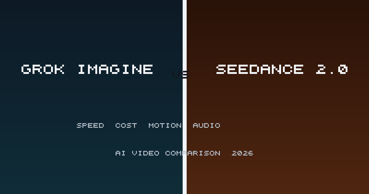 Split graphic comparing Grok Imagine speed and cost with Seedance 2.0 motion and audio for AI video in 2026.
