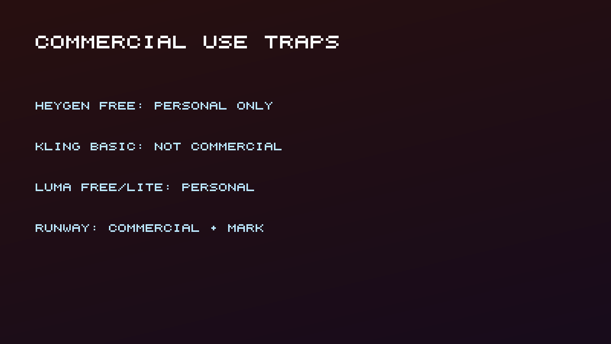 Commercial-use traps on free plans: HeyGen, Kling Basic, and Luma Free are personal or non-commercial