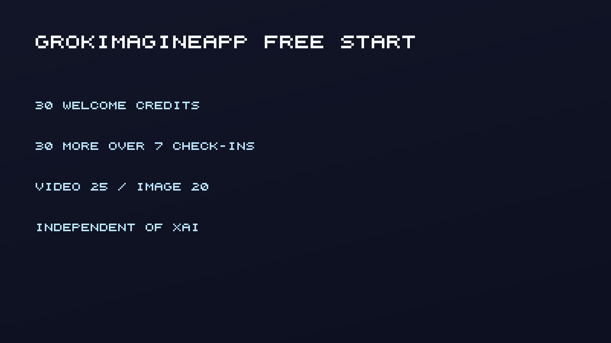 GrokImagineApp free start: 30 welcome credits, 30 check-in credits, 25 per video