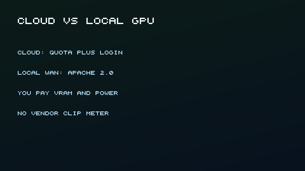 Cloud quotas versus local GPU: Wan is unmetered only if you own the hardware