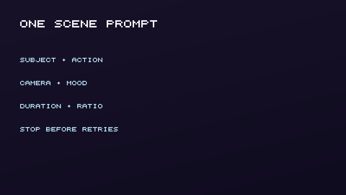 One scene prompt: subject, action, camera, mood, then stop before retries