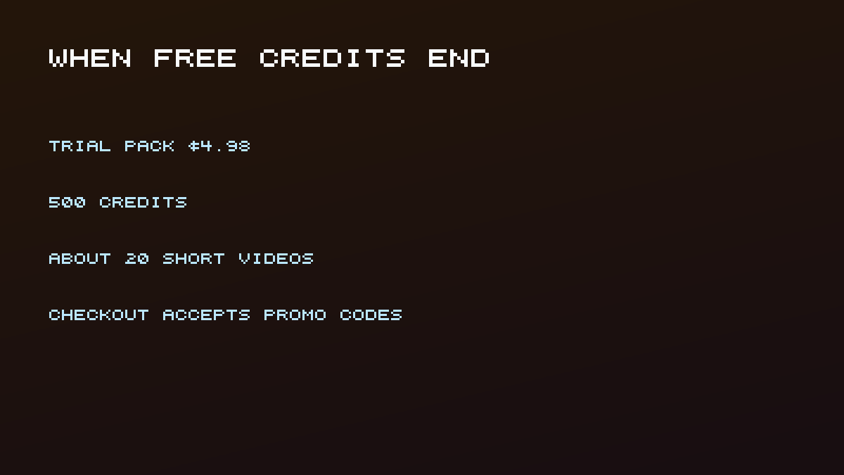 When free credits end: Trial Pack 4.98 dollars for 500 credits, checkout accepts promotion codes