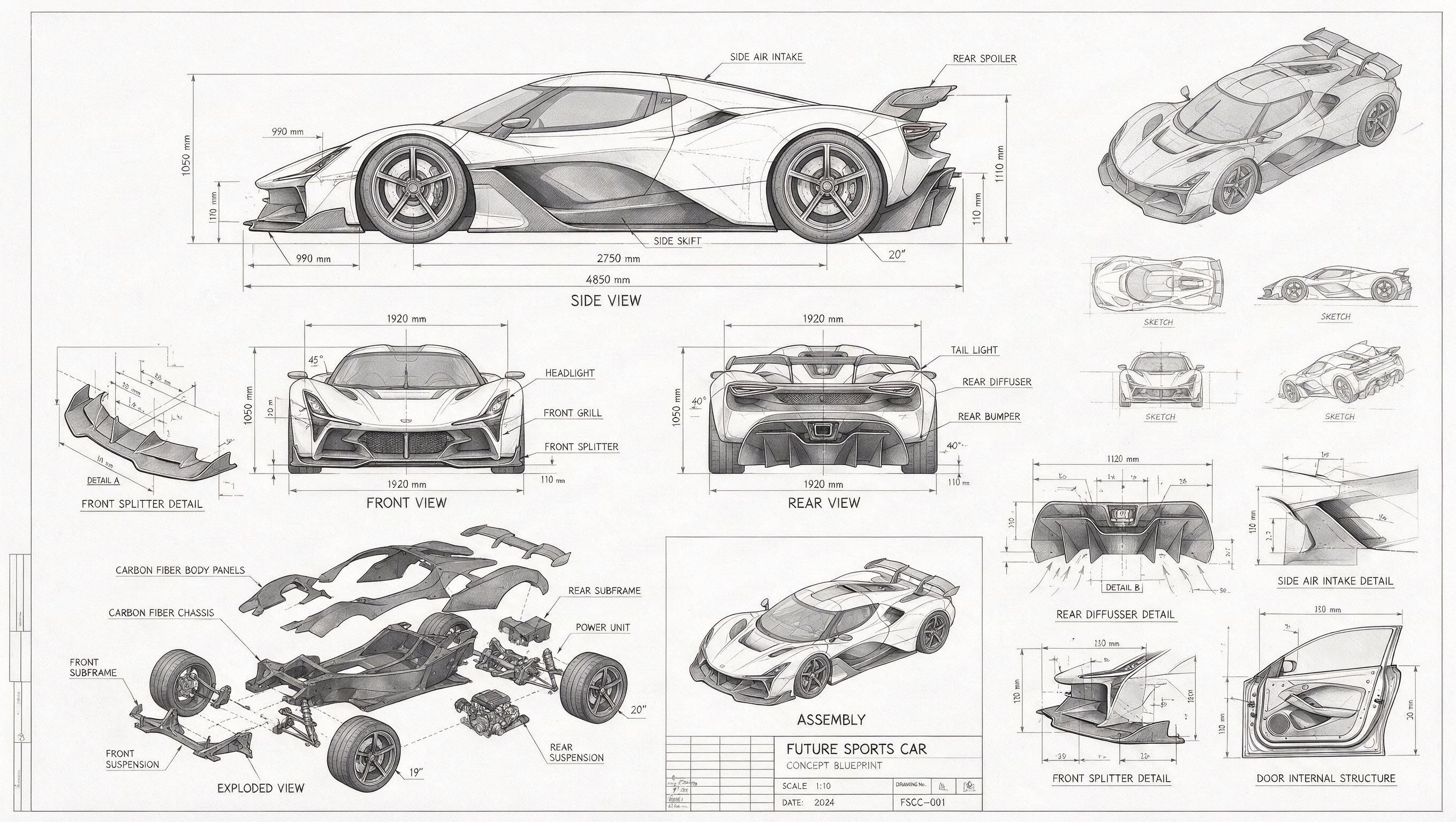 Seedream 5.0 Pro example prompt for a futuristic sports car technical blueprint with dense measurements