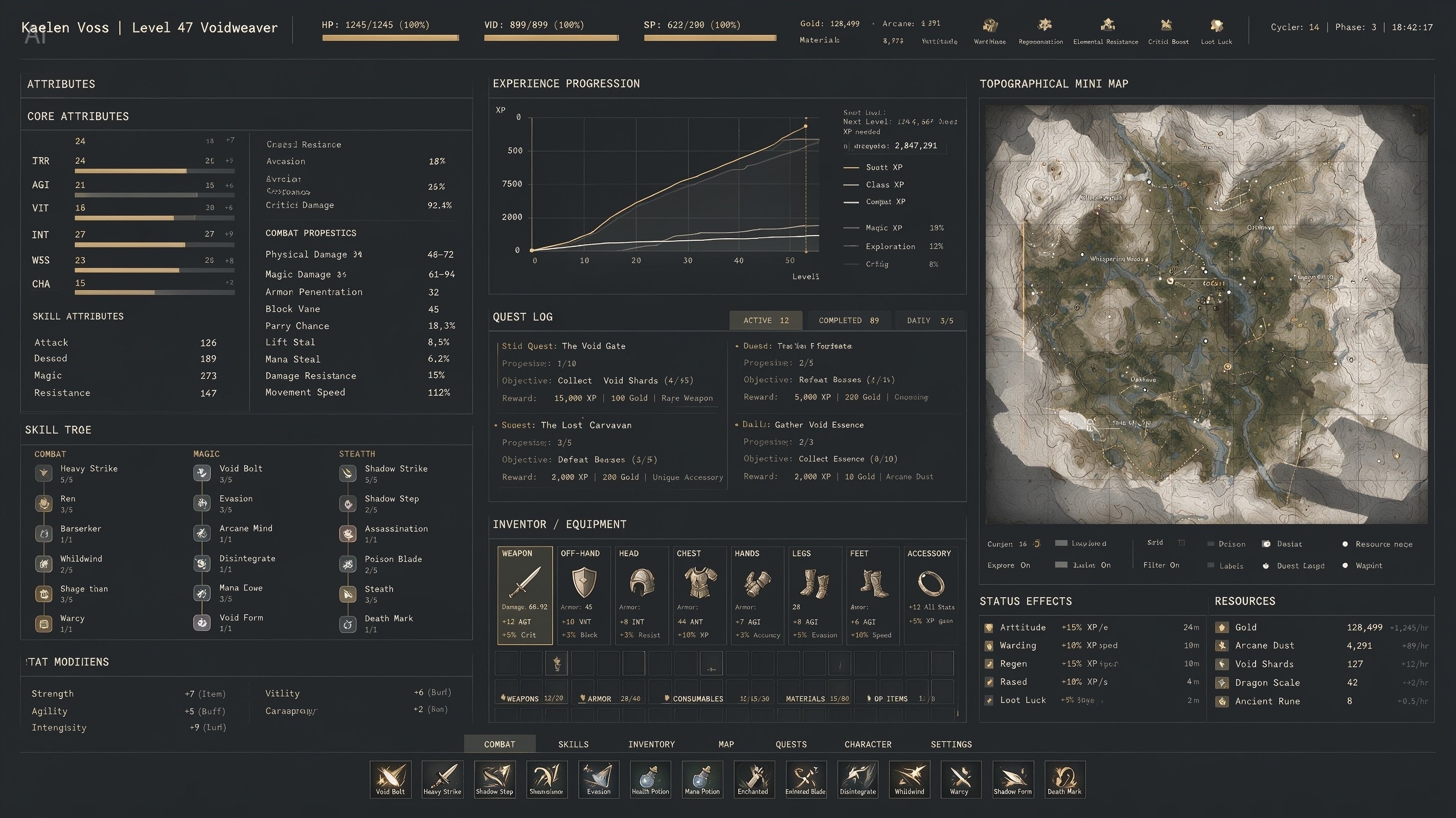 Seedream 5.0 Pro example prompt for a dense RPG character UI with charts, map, and grid-separated data panels