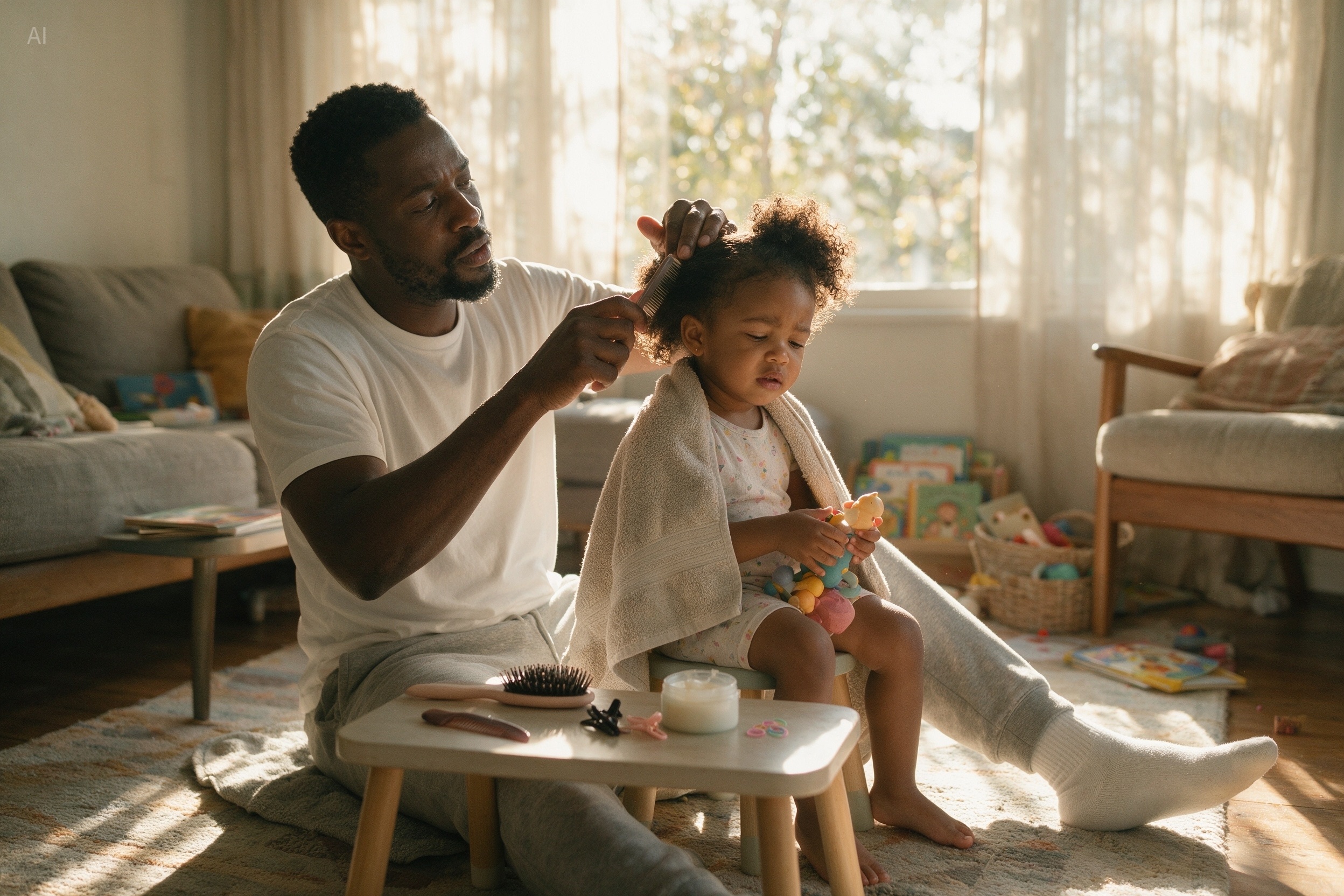Seedream 5.0 Pro realistic family-life photography example of a father combing his daughter hair